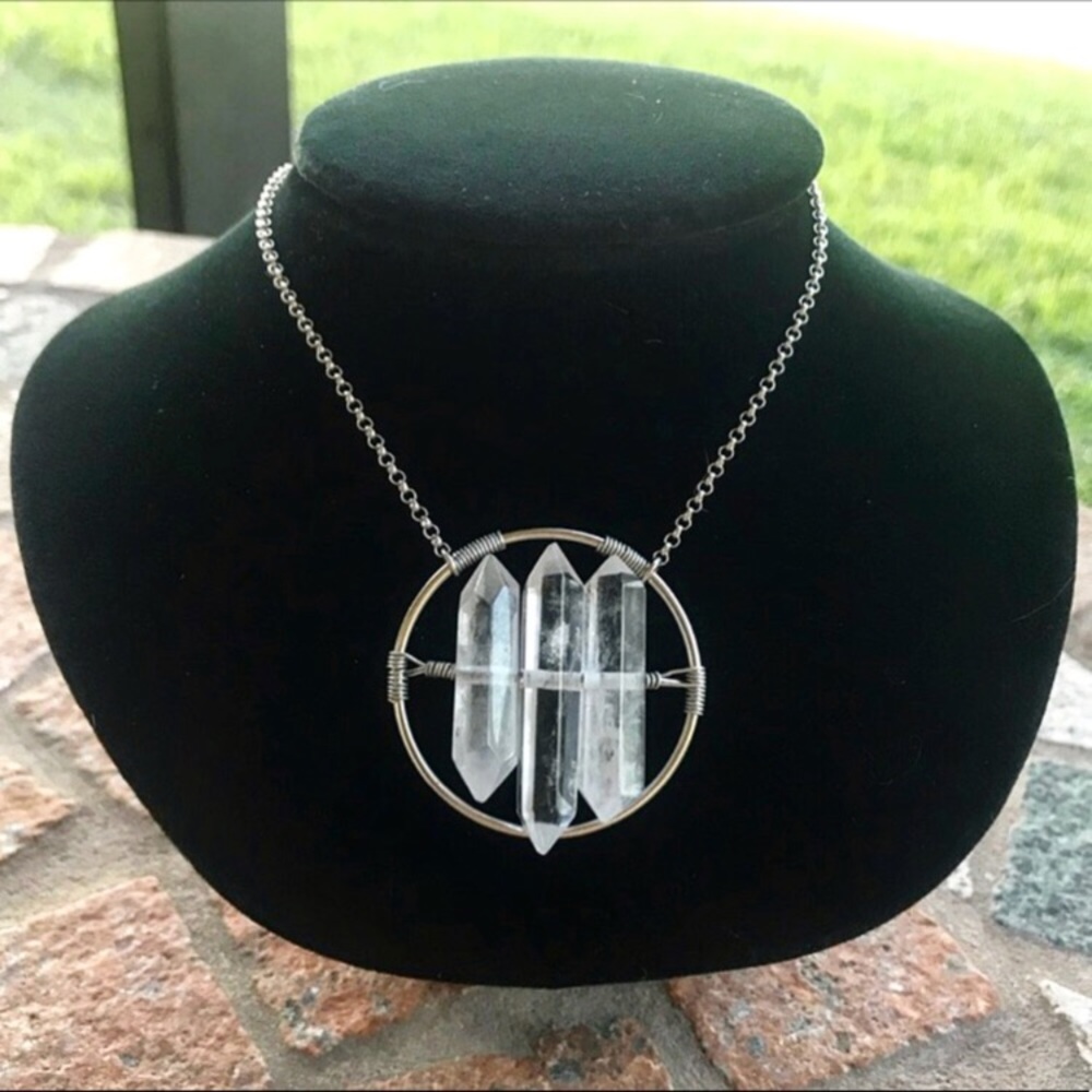 Crystal quartz necklace . 3  genuine crystal quartz double point boho gem silver - Picture 6 of 10